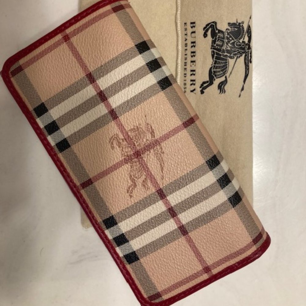 Burberry Beige Plaid Wallet with Red Trim
